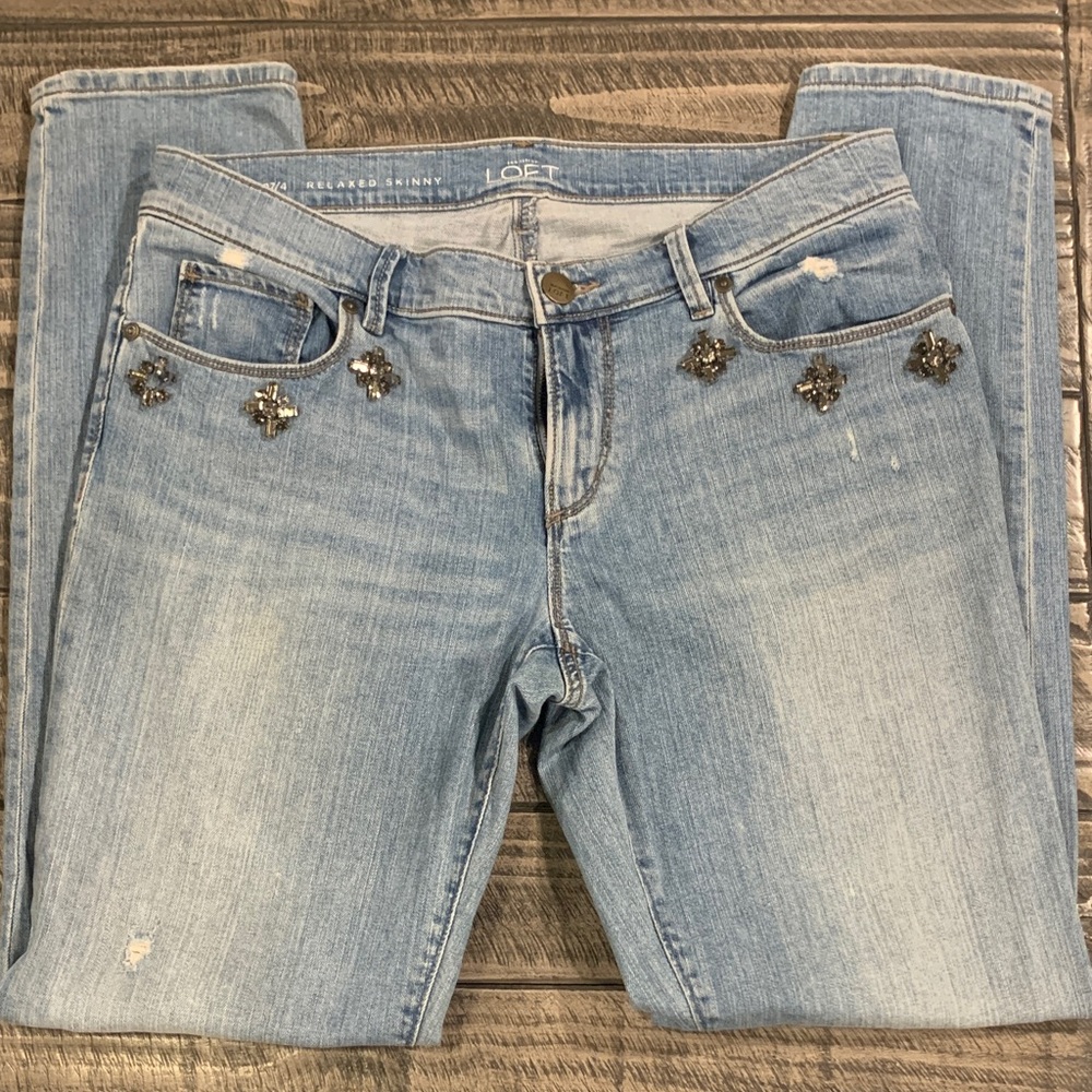 LOFT Light Blue Relaxed Skinny Jeans with Floral Accents